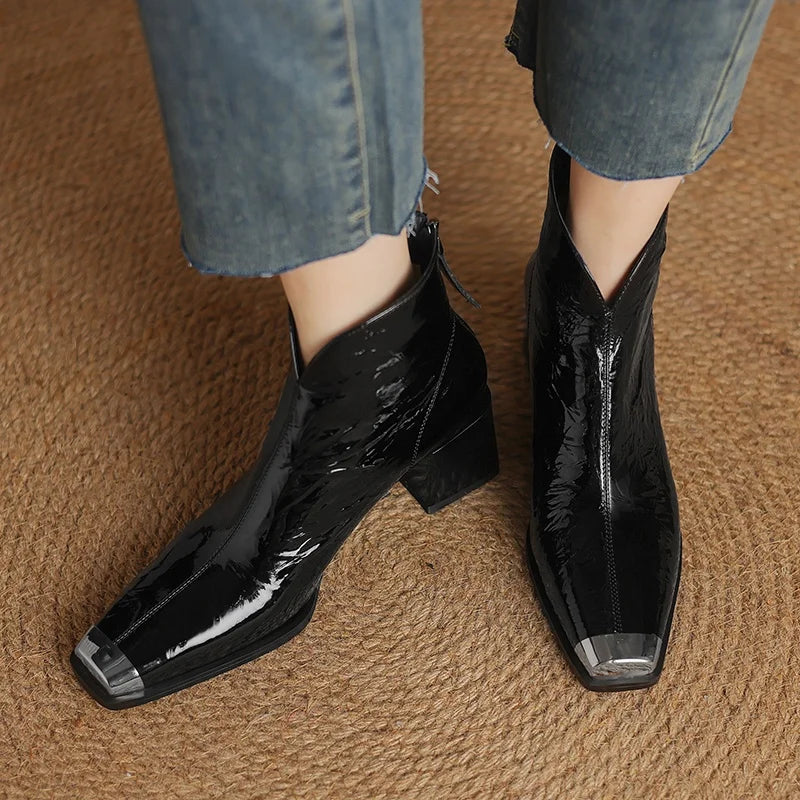 New Brand Handmade Genuine Leather Women Ankle Boots Square Toe  Zipper High Heels Pleated Design 34-40