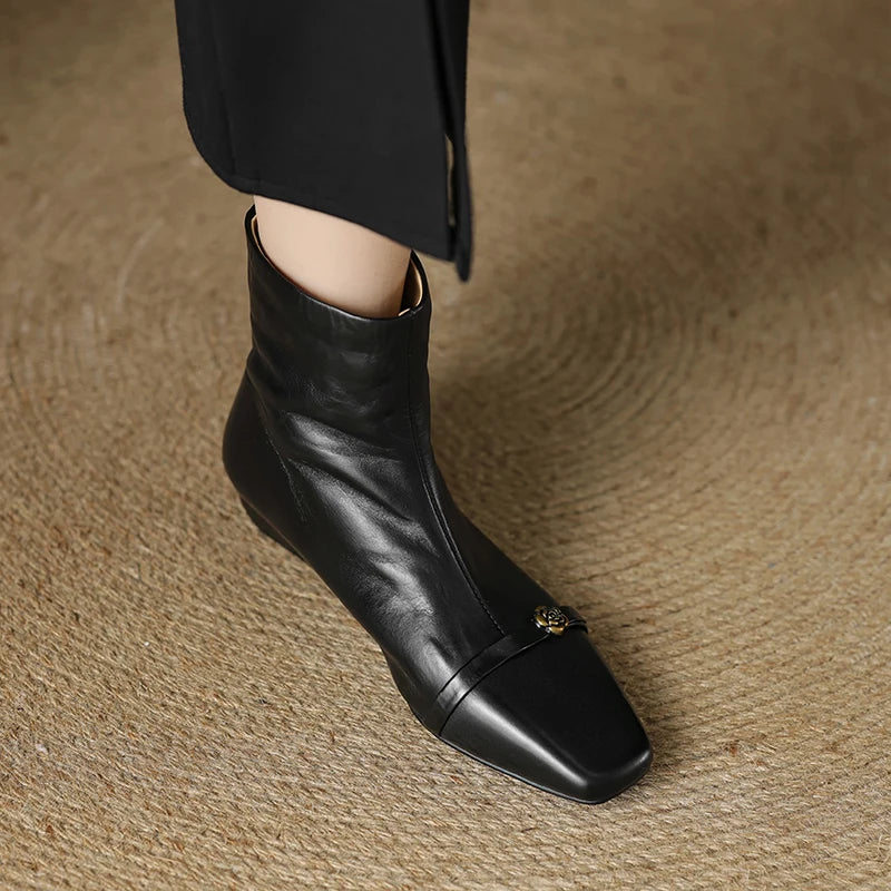 Handmade Genuine Leather Elegant Square Toe Women's Boots Autumn Winter Wide Calf Mid Heel Style Boots 33-42
