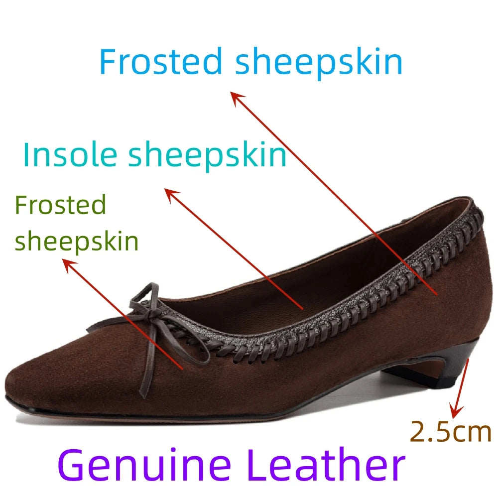 Handmade Genuine Leather Square Toe Low Heels Spring Autumn Shoes Beading Preppy Style Sewing Shallow Women Pumps