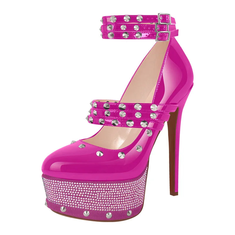 Women Rivet Platform Patent Leather Rhinestone Pumps High Heeled Big Size Ankle Straps Women Stiletto Pumps