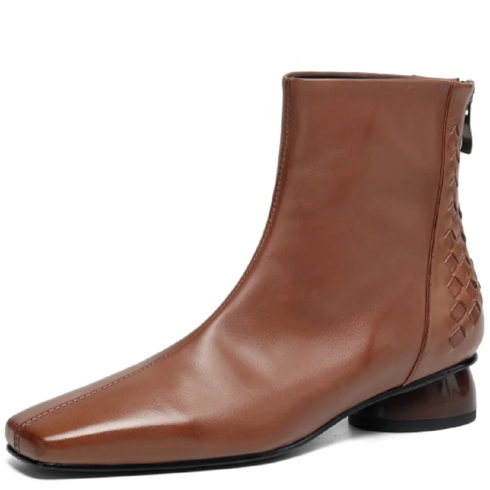Women Handmade Genuine Leather square toe side zip ankle boot elegant ladies Mid heel daily slim dress 34-40