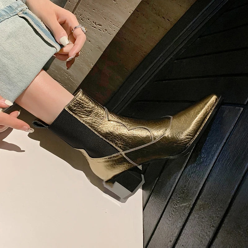 Brand Genuine Leather Pointed Toe High Heel Chelsea Boots Women's Winter British Style Coarse Heels Slip-On 33-40