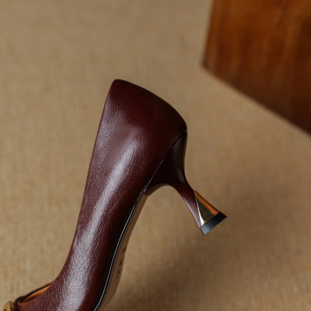 Dress Party Shoes Women Genuine Leather Pumps Sexy Thin Heels Slip On Solid Color Pointed Toe Handmade For Ladies