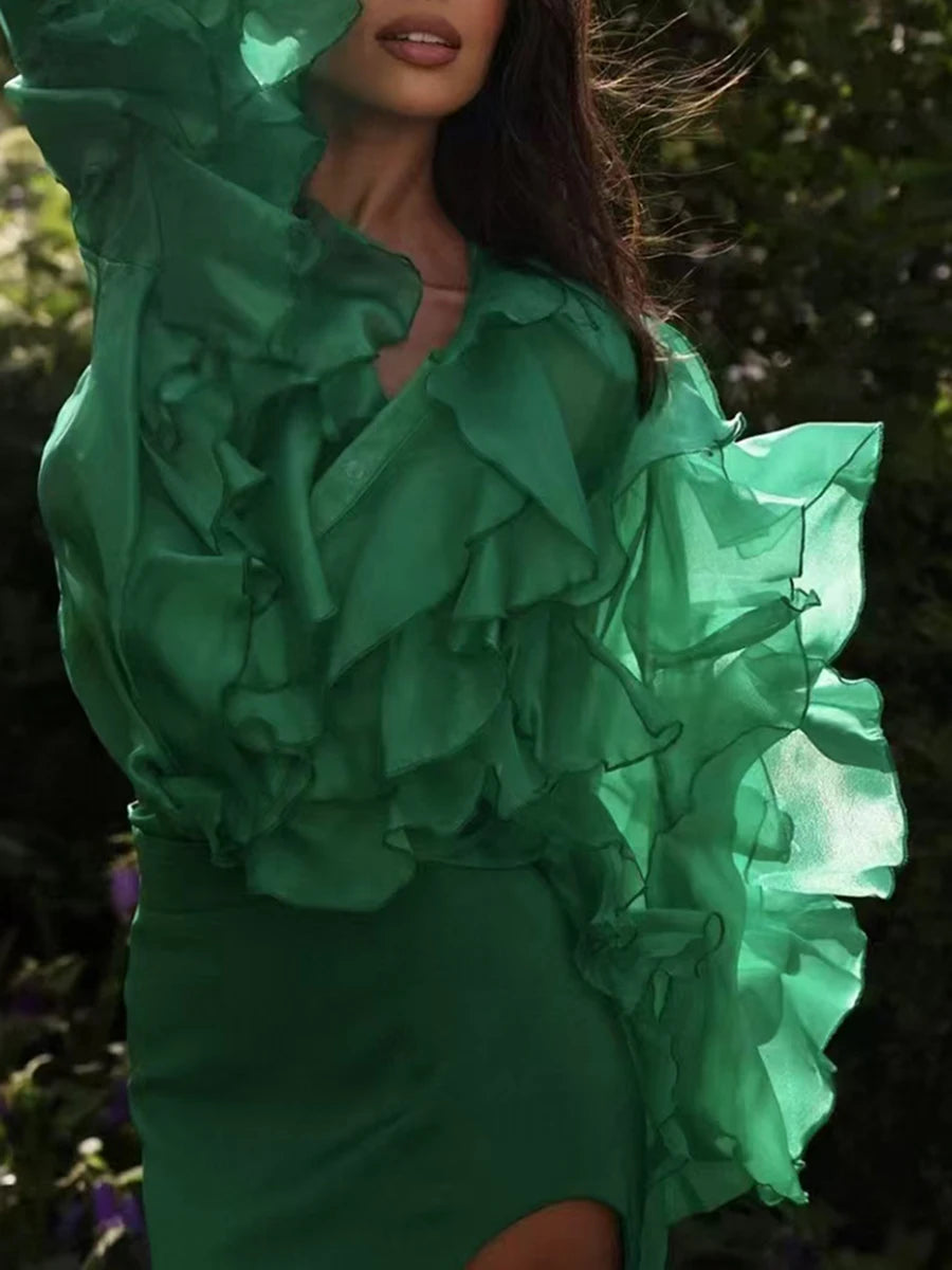 Chic Spliced Ruffles Solid Color Blouse for Women V Neck Long Sleeve Patchwork Sheer Design Loose Shirt Female Fashion Style