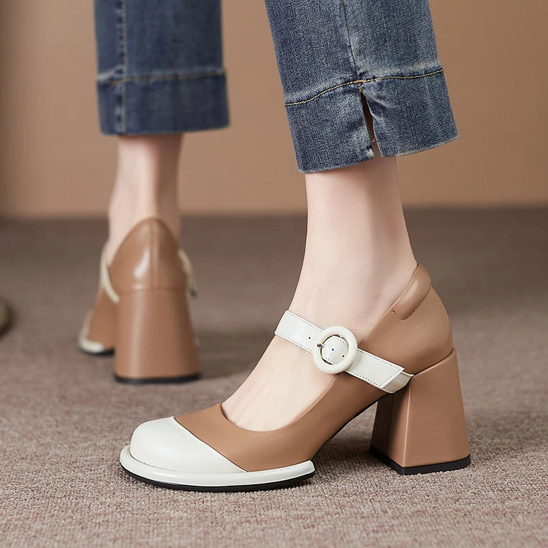 Women's Genuine Leather Shoes Spring Summer Square HIgh Heels Round Toe Black Beige Dress Party Mary Janes Pumps