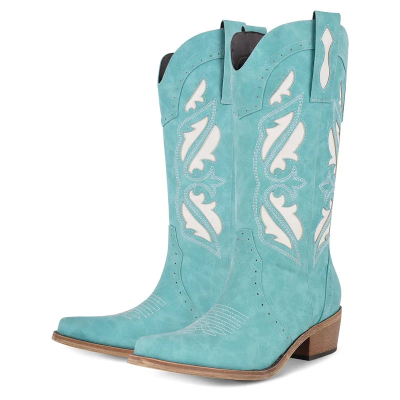 Onlymaker Women Pointed Toe Embroidered Stitched Mid Calf Cowboy Boots Chunky Block Heel Pull On Cowgirl Western Boots