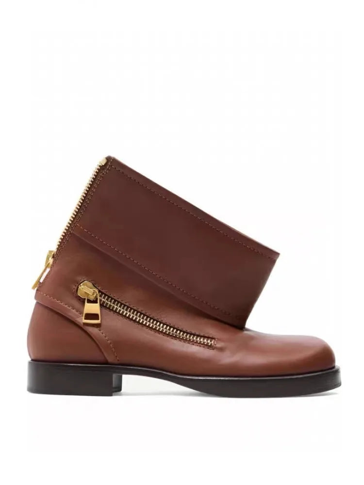 2025 Women's New Ankle Boot Design Zipper Low Heel Flat Bottom Women's Short Boots Motorcycle Boots Spring and Autumn