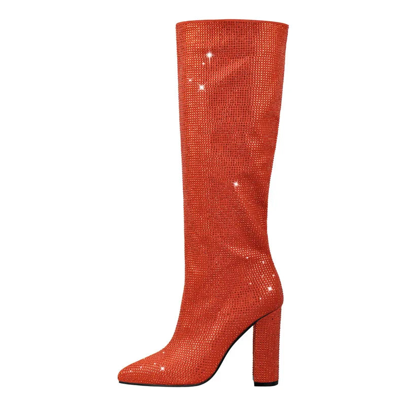 Onlymaker Women Pointed Toe Zipper Square Heels Boots Luxury  Rhinestones Bling Fashion Party Dress Big Size Lady Boots