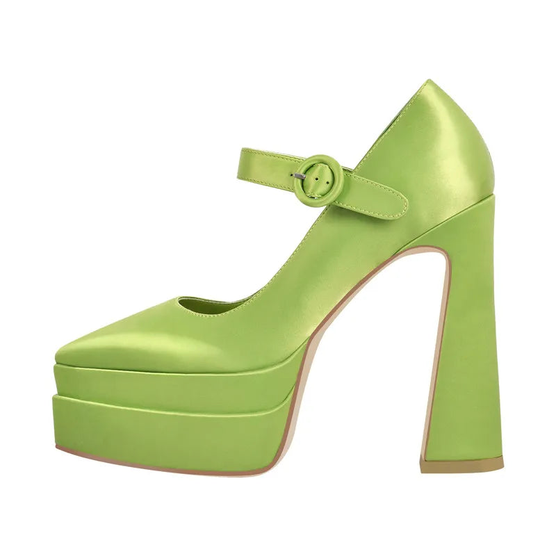 Women Platform Pointed Toe Pumps Chunky High Heels Ankle Strap Dress Party Dress Big Size Green Female Shoes