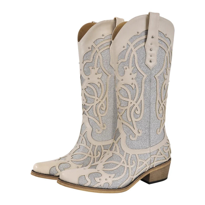 Onlymaker Women Glitter Rivet Pull-on Knee High Western Boots Big Size US15 Sparkly  Cowgirl Boots