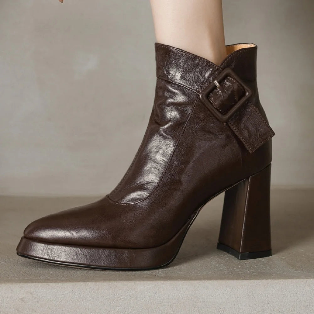 Women Handmade Brand Genuine Leather Ankle Boots Chunky Block High Heels Buckle Pointed Toe Shoes