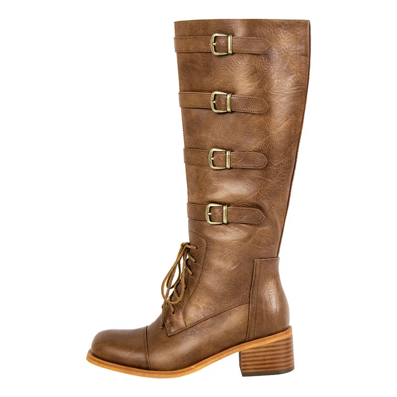 Women Round Toe Knee High Boots Boot Matte Brown Thick Heels Zipper Winter Big Size Buckle Boots