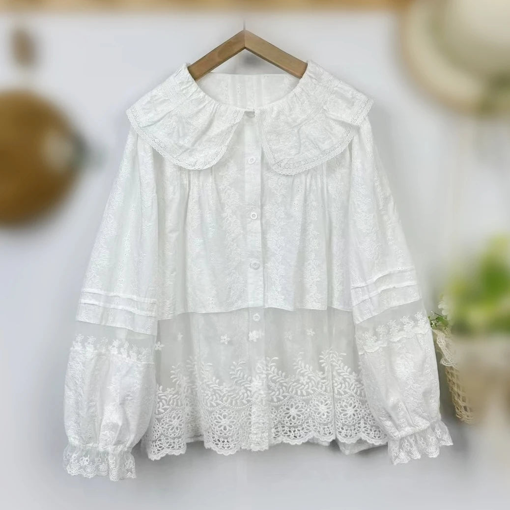 Rococo Victorian Vintage Cotton Lace Embroidery Patchwork Shirt 2025 Summer Ruffled Collar Organza Cottage Core Retro Chic Tops