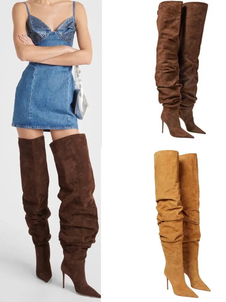 Fashion Pointed High Heels Thigh Boots Autumn and Winter Sexy Over The Knee Suede Women's Pile Boots