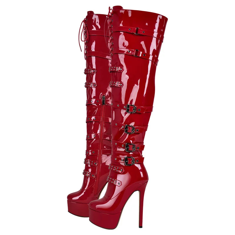 Onlymaker Women Platform Stiletto Red  Over The Knee High Boots Side Zipper Patent Leather Fashion Sexy Winter Female Boots