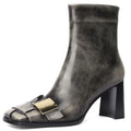 New Brand Genuine Leather Metal Decor Woman Side Zipper Ankle Boots Chunky Heel Square Toe  Luxury Designer Shoes