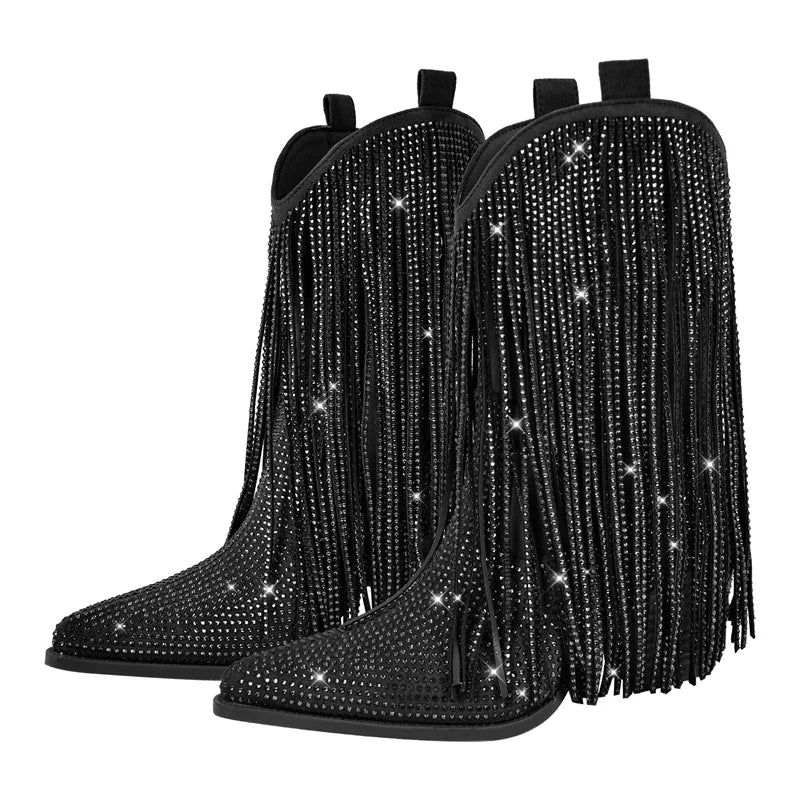 Female Rhinestone Fringe Mid-Calf Cowboy Boots Bling Party Big Size Women Boots