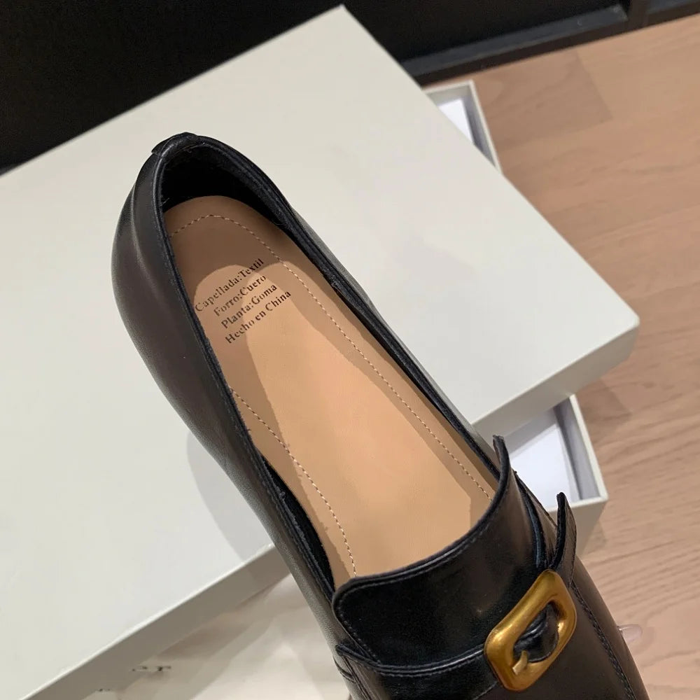 Women Cow Leather Waxing Square Toe Metal Buckle Strap Mid Hells Business Suit Ladies Shoes Handmade 34-40