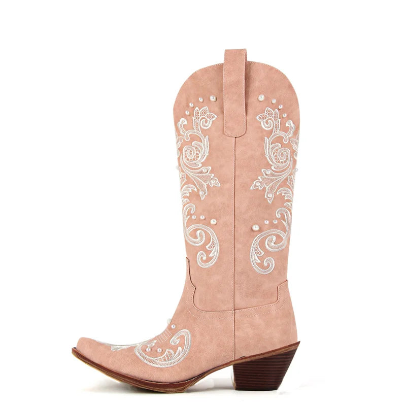 Onlymaker Women Pointed Toe White Pearl Embroidery Cowboy Boots Mid Calf Side Zipper Pearls Wedding Western Cowgirl Boots