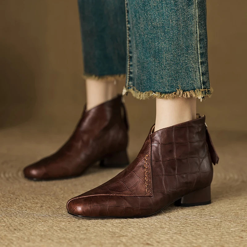 women's stone pattern cow leather square toe front Back ankle boots med heel casual short boots 34-40