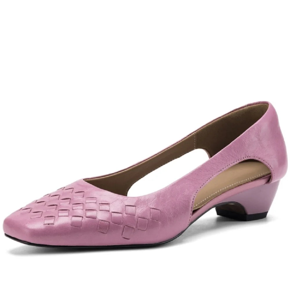 Handmade Genuine Leather Woven Slip-On Bean oes with Mid Heel for Women Comfortable Commuting Footwear 34-40