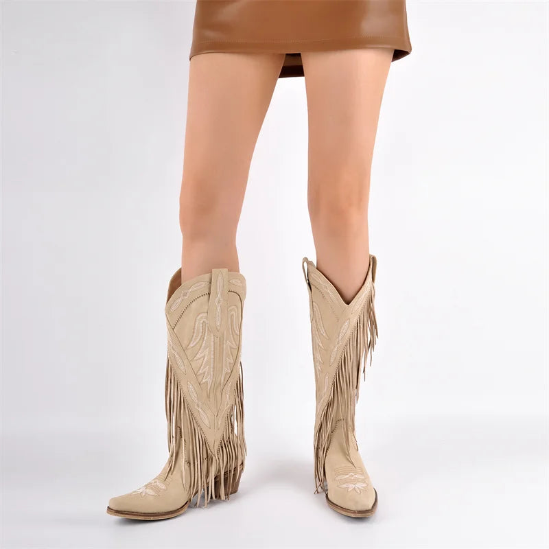 Onlymaker Women Pointed Toe Retro Fringe Pull On Western Cowgirl Boots Fringed Chunky Heel Embroidery Cowboy Boots