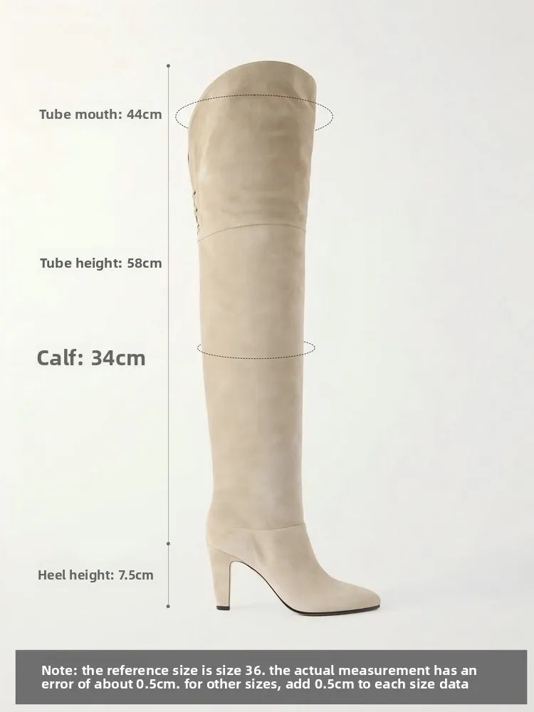 2026 Autumn and Winter Women's Thick High-heeled Knee High Boots, Round Headed Cowhide Suede Fashionable Women's Plus Size Boots