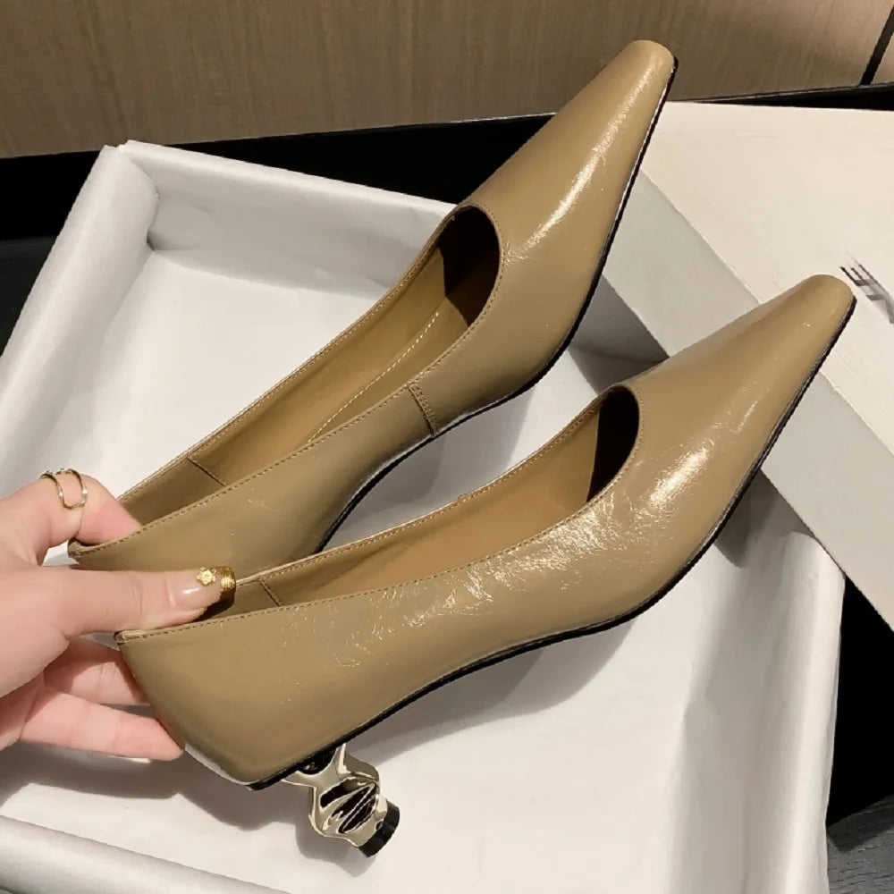 Bright Golden Mid Heels Handmade Genuine Leather Soft and comfortable Mature Lady Daily Office Pumps 33-40