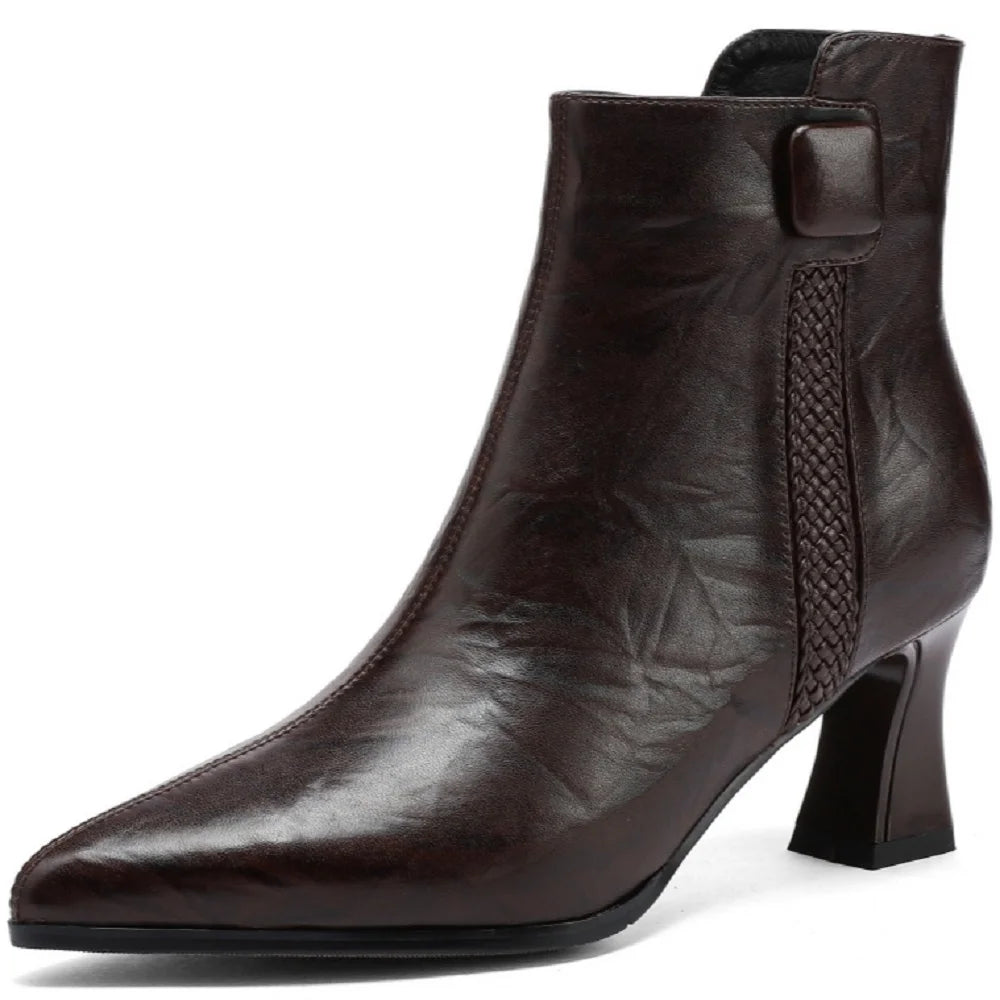 Handmade Genuine Leather Sexy Soft and comfortable Ankle Boots Women Retro Pointed Toe Chunky Short Boot