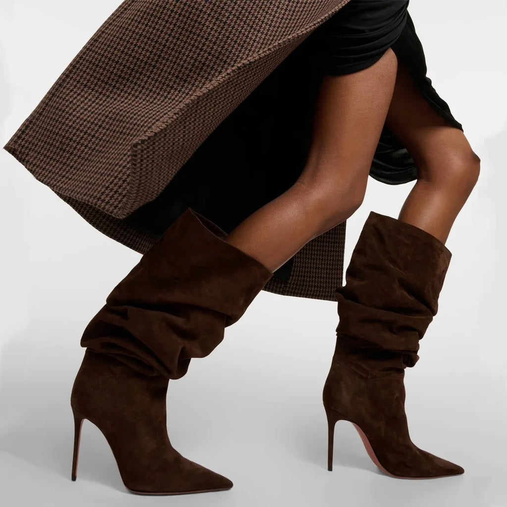 2026 Women's Autumn and Winter New Pleated High-heeled Short Boots with Pointed Sleeves, Women's 35-47 Large Mid Length Boots