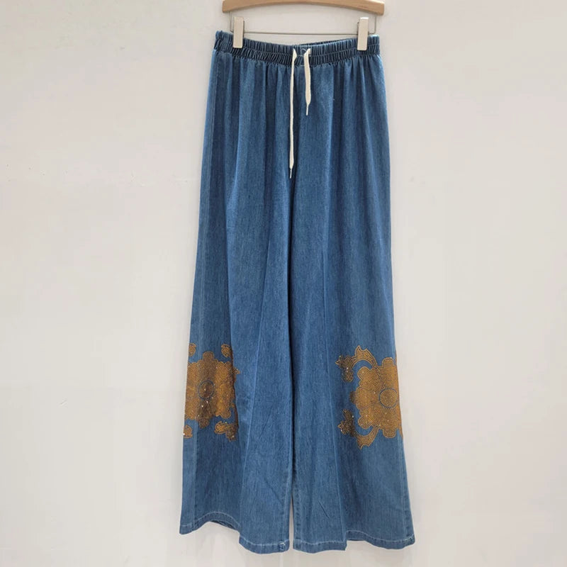 2026 Autumn New Fashion Design Denim Two-Piece Set For Women Heavy Rhinestone Shirt Elastic Waist Wide-leg Pants 11A05592