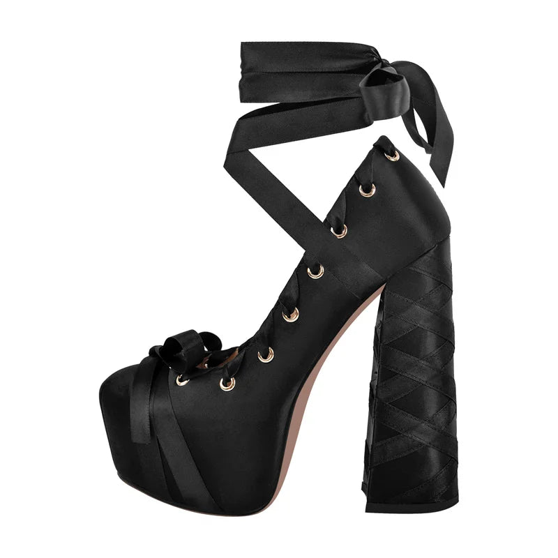Womens Round Toe  Platform Pumps Bow Cute Lolita Two-Toned Ballet Lace-up Hoof Chunky Heel Shoes