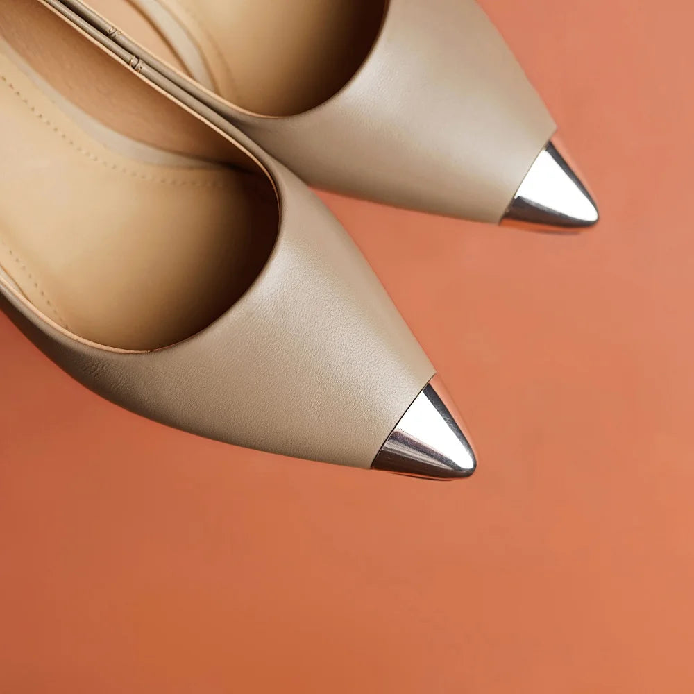 Handmade Genuine Leather Low Heel Metal Pointed Toe Soft Leather Flat Comfortable Women's Shoes Seasonal Slippers