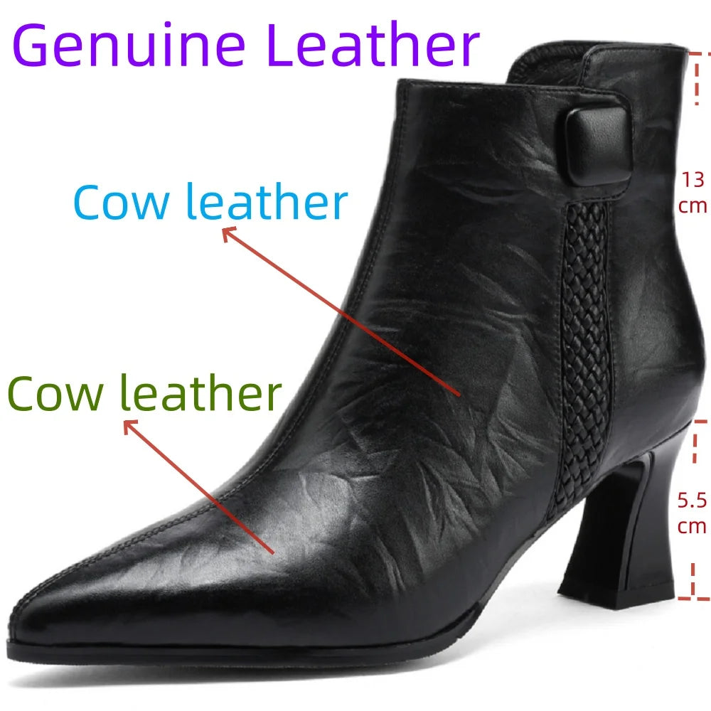 Handmade Genuine Leather Sexy Soft and comfortable Ankle Boots Women Retro Pointed Toe Chunky Short Boot