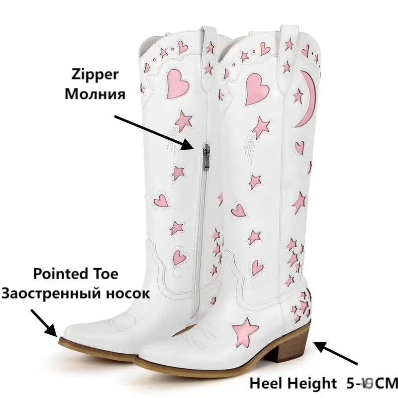Onlymaker Women  Pointed Toe Knee High Western Cowgirl Boots Comfy White Stars Side Zipper Big Size  Cowboy Boots
