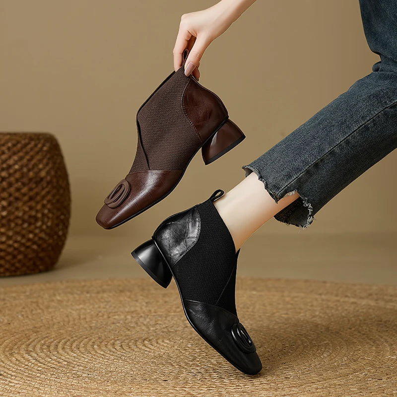 Handmade Brand Genuine Leather Women Ankle Boots Mid Heels Square toe Autumn Winter Dress Party Lady 34-43