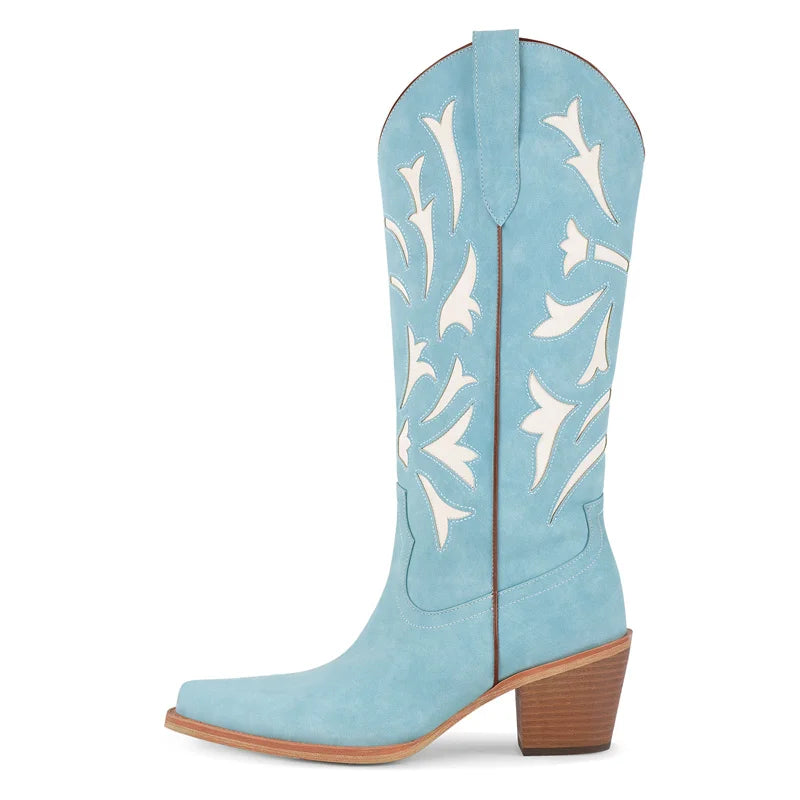 Onlymaker Women Pointed Toe  Mid Calf Cowboy Boots Chunky Block Heel Classic Pull On Cowgirl Western Boots