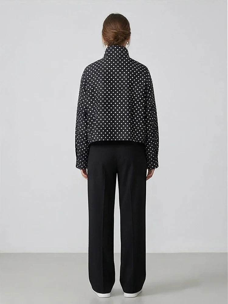 Women's Dot Jackets Fashion Lace Up Front Zipper Casual High Neck Long Sleeves Female Elegant Chic Lady Outfits