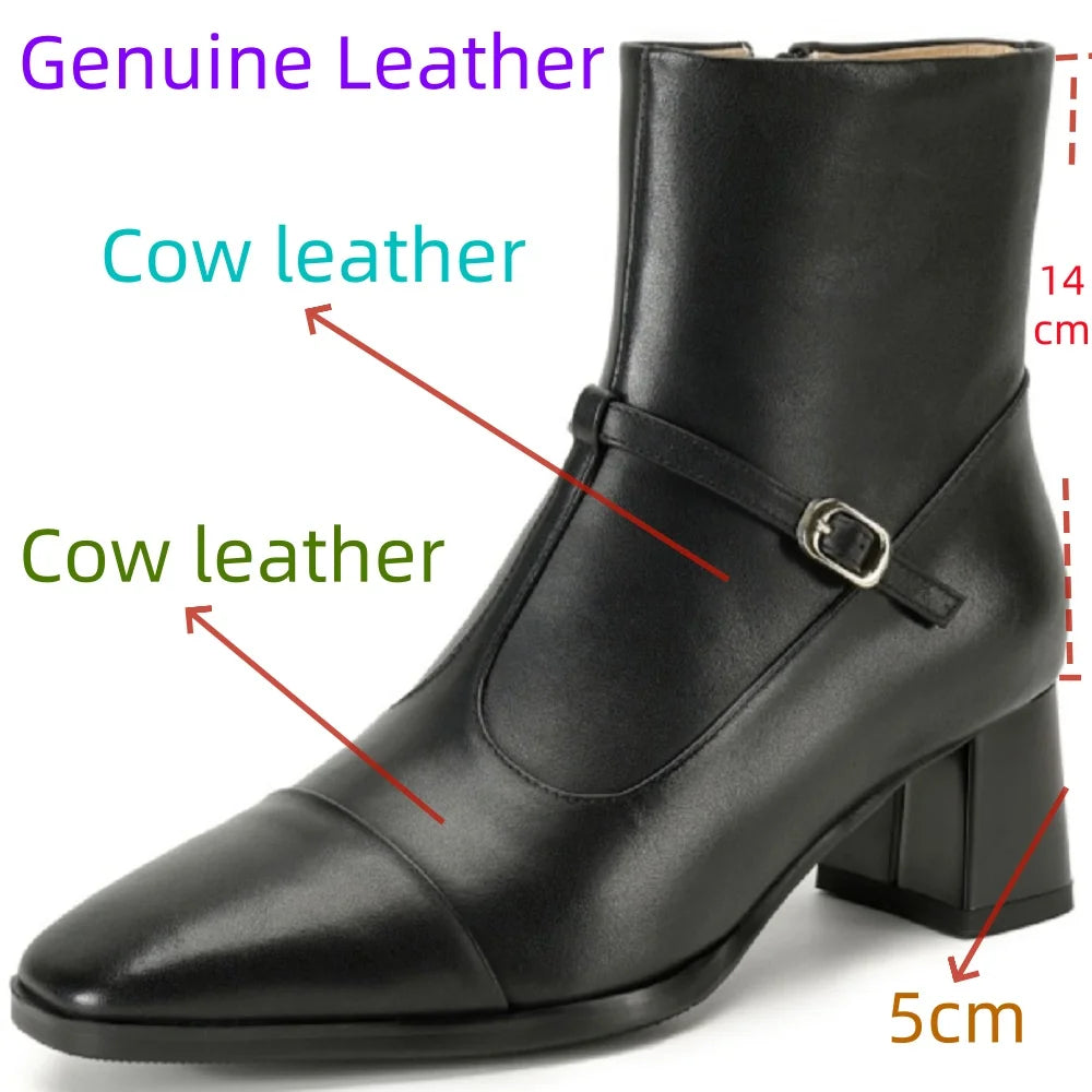 Women Handmade Genuine Leather Soft and comfortable Mid heel Ankle Boots Thick Square toe Cowboy Shoes 34-42