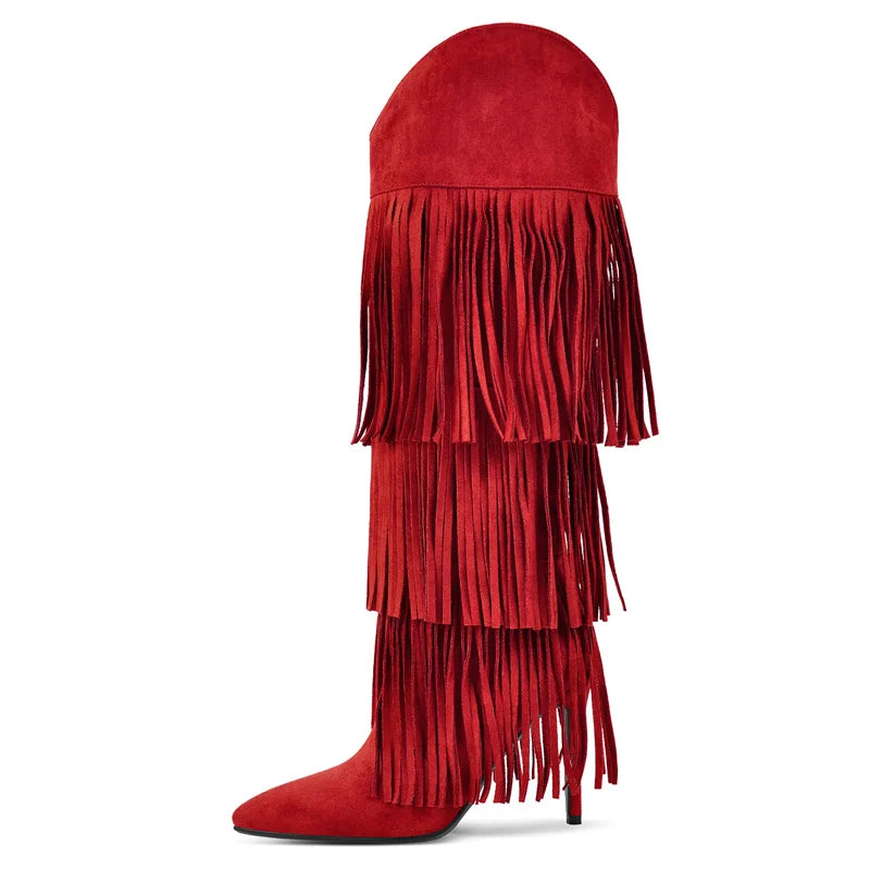 Onlymaker Women Pointed Toe Fringe Boots Comfy Pull On Mid Calf Thin Heel Pull-on Knee High Boots