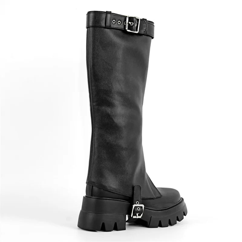 Onlymaker Women Round Toe Removable Shaft Black Boots Fashion Punk Boots