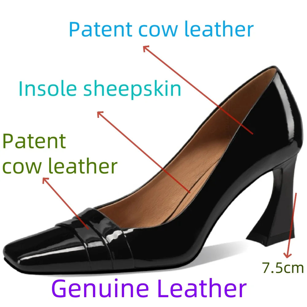 Handmade Genuine Leather Office Lady Pumps Square Toe Chunky Heels Elegant Vintage Women Soft Daily Shoes 33-43