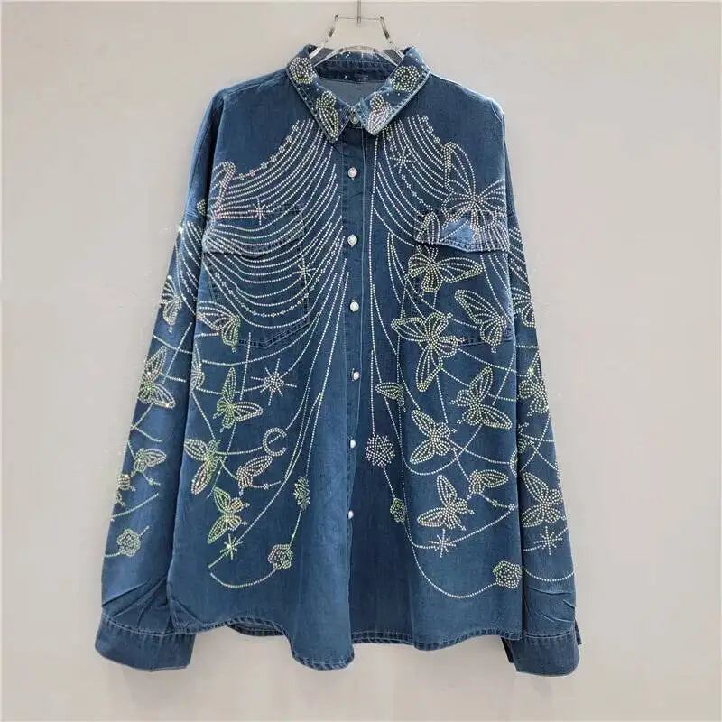 2026 Autumn New Heavy Industry Women's Two-pieces Set Diamond Design Denim Shirt Cardigan Loose Straight Casual Pants