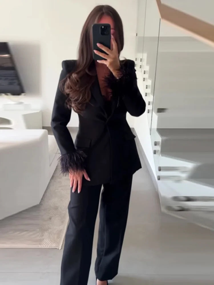 Fashion OL Solid Suit Long Pants Sets For Women Feather Patchwork Sleeve Blazer Jacket High Waist Trousers Lady 2 Pieces Sets