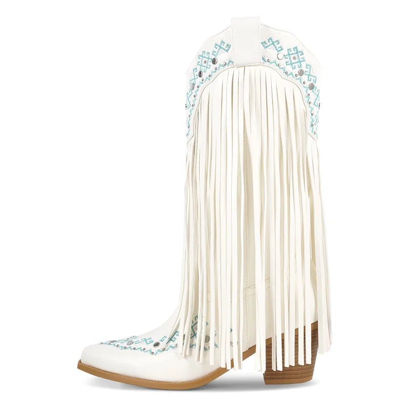 Onlymaker Women Pointed Toe Embroidery Fringe Pull On Retro Western Cowgirl Boots Fringed Chunky Heel Cowboy Boots