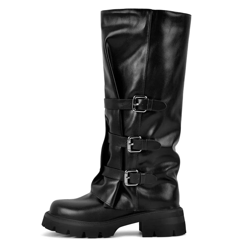Women Round Toe Black Matte Ruched Knee High Heel Pull on Boots Buckle Strap Punk Boots