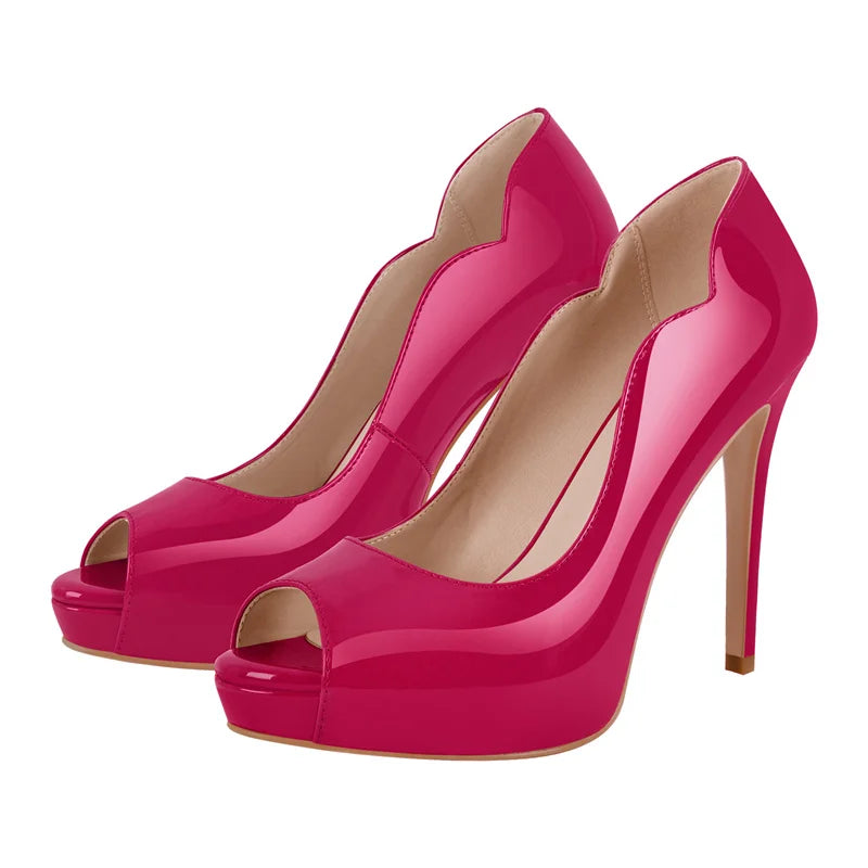 Women Peep Toe Platform Patent Leather Pumps High Heeled Big Size Slip On Women Stiletto Heels