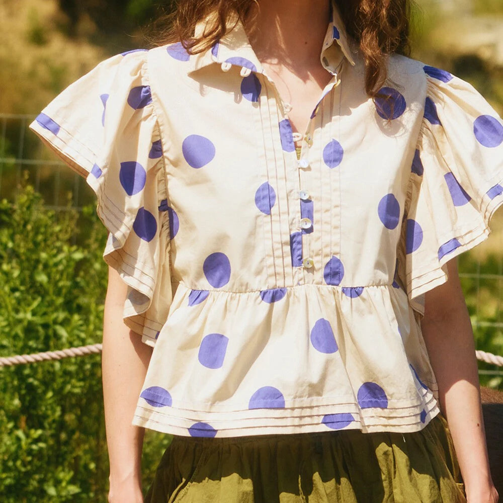 Women Vintage Polka Dot Short Ruffle Sleeves Tops Cute Button V Neck Pleated Cropped Babydoll Blouses Aesthetic Preppy Shirts