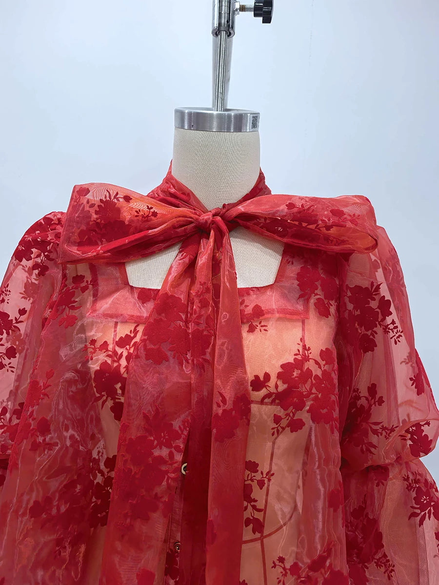 Elegant Floral Printing Chiffon Shirt for Women Scarf Collar Hollow Out Design Puff Sleeve Sheer Mesh Sexy Blouse Female New