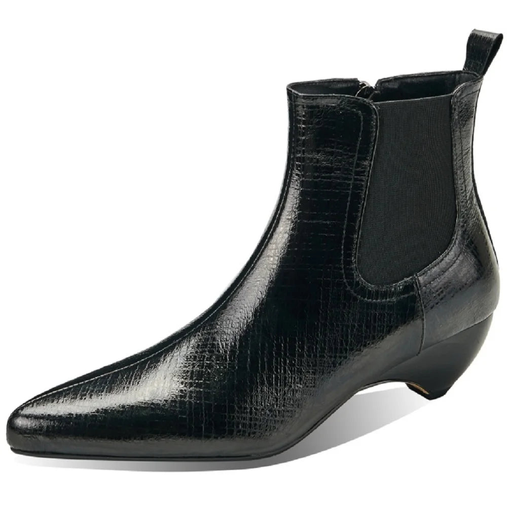 Women Handmade Brand Genuine Leather Elastic elasticity Ankle Boots Mid Heels Pointed toe Boots 33-40